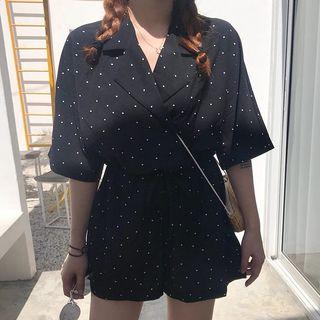 Set: Polka Dot Elbow-sleeve Shirt + Shorts