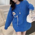 Floral Lace-up Sweater Blue - One Size