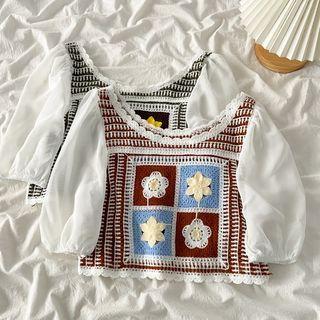 Puff-sleeve Embroidered Panel Cropped Blouse