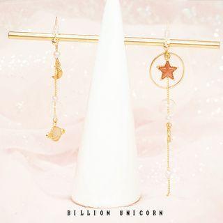 Non-matching Glass Bead Alloy Moon & Star Dangle Earring