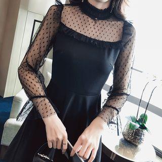 Long-sleeve Patterned Lace A-line Mini Dress