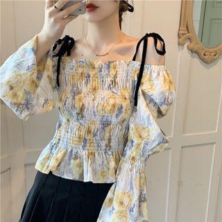 Cold-shoulder Floral Print Blouse Floral - White - One Size