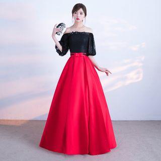 Color Panel Off Shoulder Elbow Sleeve A-line Cocktail Dress/ Evening Gown