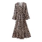 Leopard Flared-sleeve Midi A-line Dress