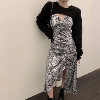 Sweatshirt / Spaghetti Strap Zebra Print Midi A-line Dress