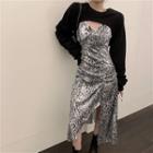 Sweatshirt / Spaghetti Strap Zebra Print Midi A-line Dress