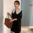 Lace Collar 3/4-sleeve Dress Black - One Size