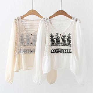 Long Sleeve V-neck Embroidered Knit Top