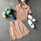 Set: Short-sleeve Knit Polo Top + A-line Skirt