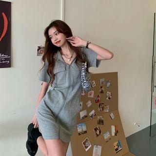 Short-sleeve Zip-up Mini Hoodie Dress