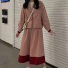 Contrast Trim Button Jacket / Color Block Midi A-line Skirt