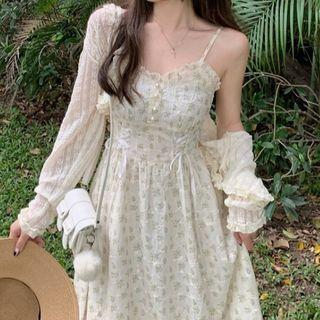 Lace Trim Cardigan / Spaghetti Strap Floral Midi A-line Dress