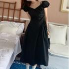 Cap Sleeve V-neck Off-shoulder Plain Midi A-line Dress