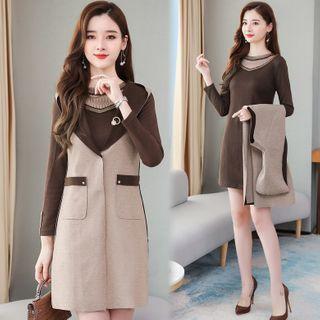 Set: Long-sleeve Paneled Mini A-line Dress + Vest
