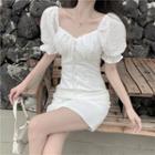 Lace-up Eyelet Trim Puff-sleeve Mini A-line Dress As Shown In Figure - One Size