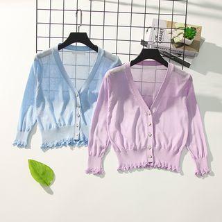 3/4-sleeve Frill Trim Buttoned Knit Top