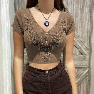 Short-sleeve V-neck Butterfly Print Crop Top
