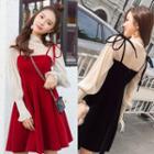 Set: Lantern-sleeve Top + Spaghetti Strap Mini Velvet Dress