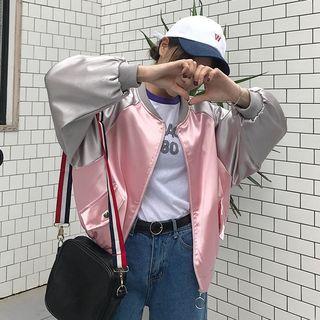 Letter Embroidered Color Panel Bomber Jacket