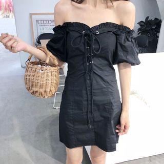 Elbow-sleeve Frill Trim Lace-up A-line Mini Dress