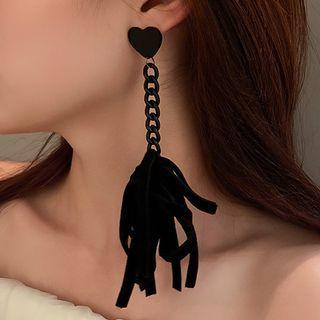Heart Velvet Fringed Earring 1 Pair - Silver Needle - Black - One Size