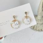 Rhinestone Faux Pearl Hoop Dangle Earring 1 Pair - 925 Silver - Gold & White - One Size