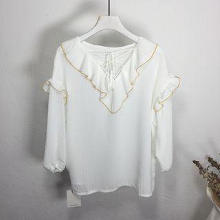 Tasseled Contrast Trim 3/4 Sleeve Chiffon Blouse