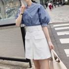 Set: Striped Puff Short-sleeve Shirt + A-line Skirt
