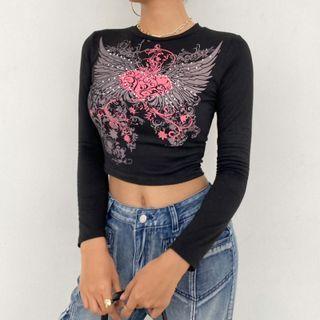 Heart Print Cropped Long-sleeve T-shirt