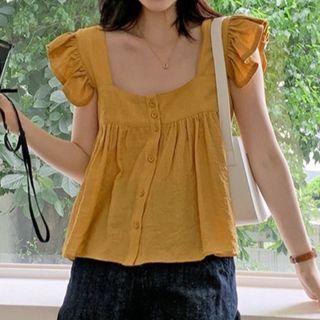 Cap-sleeve Plain Blouse Mustard Yellow - One Size