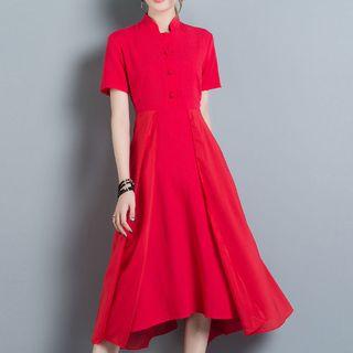 Plain Stand-collar Short-sleeve Dress