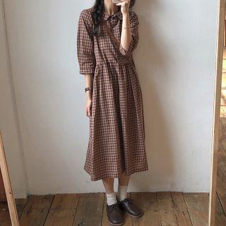 Plaid Elbow-sleeve Button Midi A-line Dress