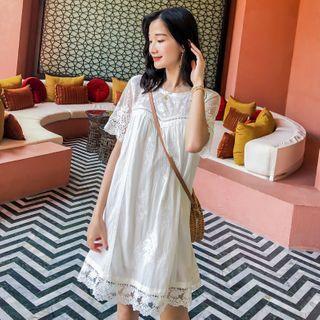 Mesh-sleeve Lace Trim A-line Dress