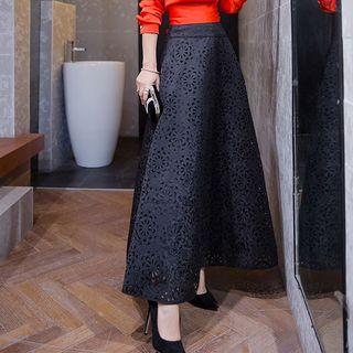 Perforated Maxi Flared Skirt
