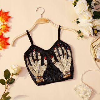 Sequined Finger Spaghetti Strap Top Black - One Size
