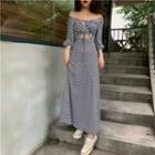 Boatneck Cutout-waist Drawstring A-line Dress