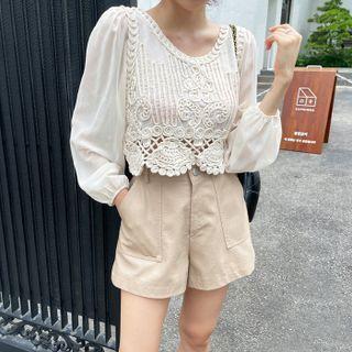 Crochet-panel Cropped Blouse