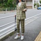 Set: Double-breasted Plaid Blazer + Straight-cut Pants