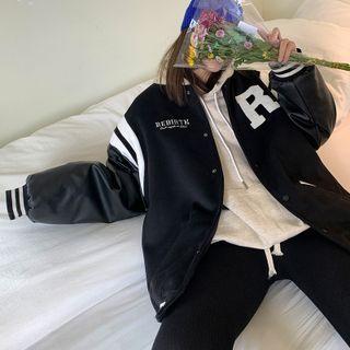 R Print Faux Leather Baseball Jacket