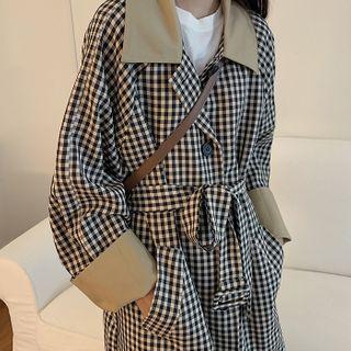 Retro Plaid Panel Medium Long Long-sleeve Windbreaker Plaid - One Size