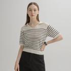 Collared Stripe Boucl  Knit Top Black - One Size
