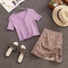 Set: V-neck Short-sleeve Knit Top + Flower Print Mini A-line Skirt