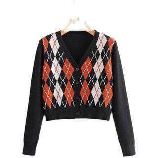 Diamond Check Cardigan 9276 - Black & Red & White - One Size