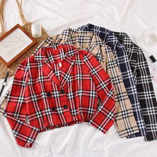 England-plaid Double-breasted V-neck Crop Shirt