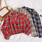 England-plaid Double-breasted V-neck Crop Shirt