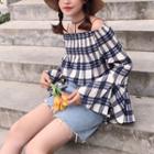 Off-shoulder Check Bell-sleeve Long-sleeve Blouse