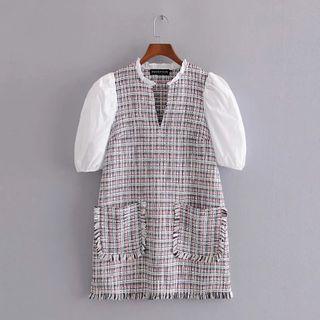 Puff-sleeve Tweed Panel Pocket Dress