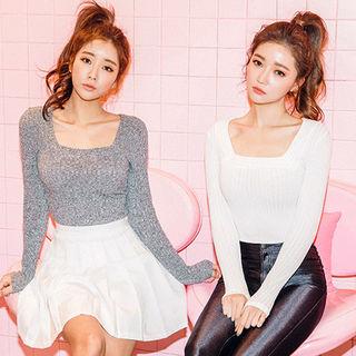 Square-neck Long-sleeve Rib-knit Top