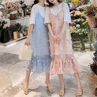 Set: Plain Elbow-sleeve T-shirt Dress + Flower Detail Spaghetti Strap Midi Dress