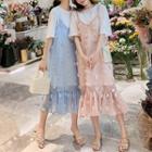 Set: Plain Elbow-sleeve T-shirt Dress + Flower Detail Spaghetti Strap Midi Dress
